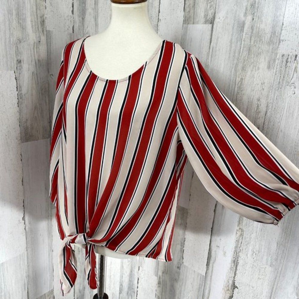 Tempted Los Angeles‎ Women's Red Striped Tie Front Shirt Top Blouse Sheer Sz 1X